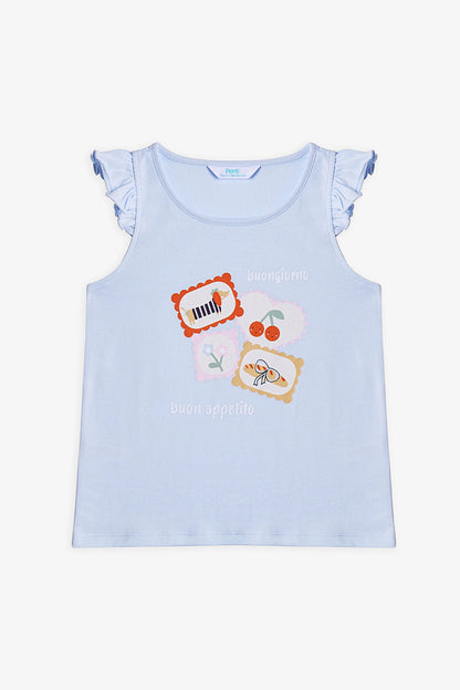 Açık Mavi Kız Çocuk French Meal Pamuklu 2'li Pijama Takımı