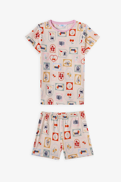 Açık Mavi Kız Çocuk French Meal Pamuklu 2'li Pijama Takımı