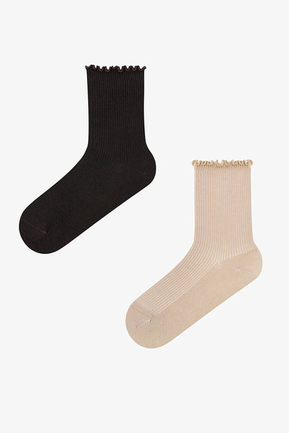 Kahve - Bej Classy Frill 2li Soket Çorap