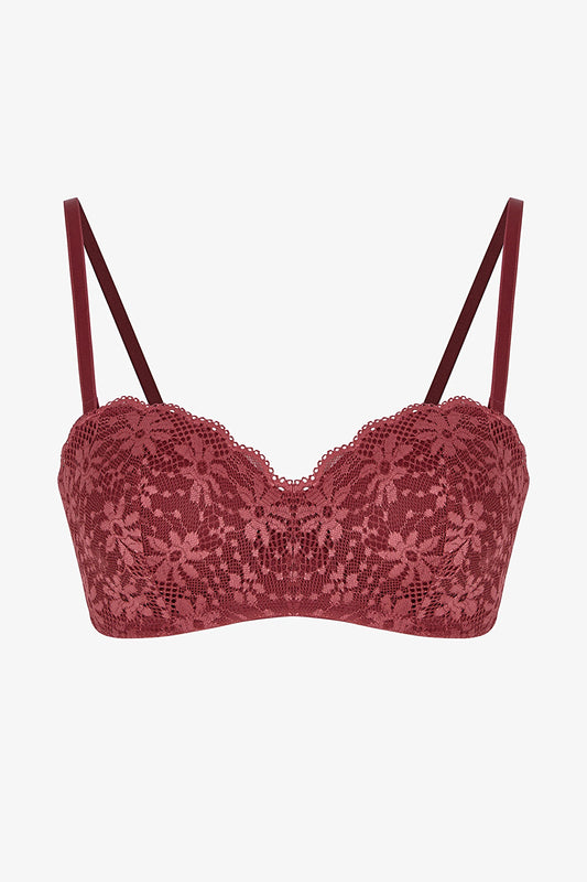Bordo Lotus Straplez Lace Dantel Balenli Sütyen