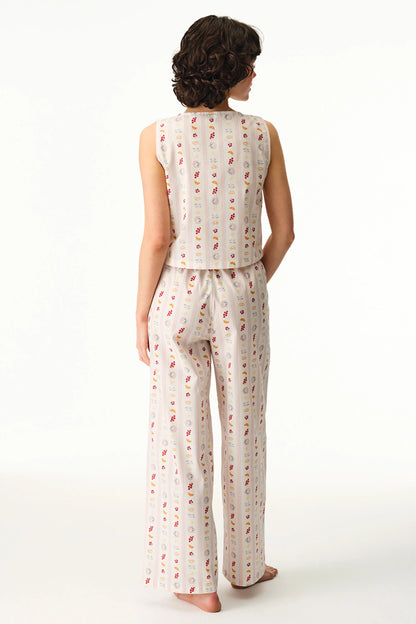 Renkli Morning Time Desenli Pamuklu Pantolon Pijama Takımı