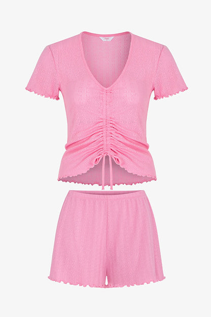 Pembe Rosalie Pointel Pamuklu Şortlu Pijama Takımı