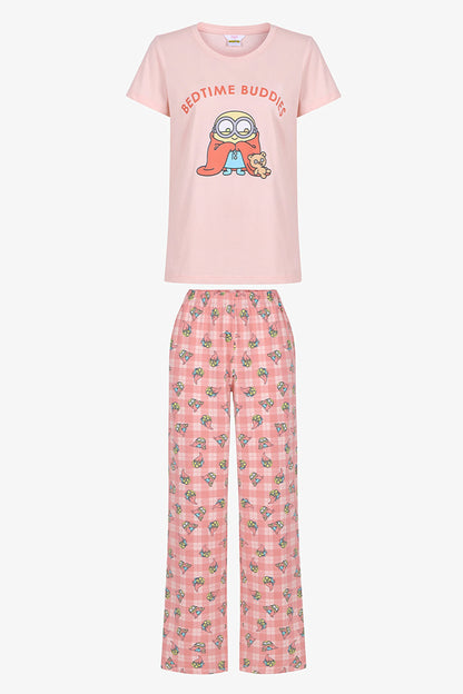 Açık Pembe Minions Pamuklu Pantolon Pijama Takımı
