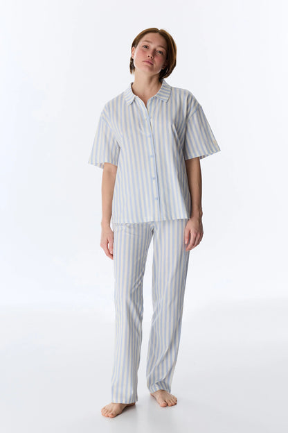 Mavi Cozy Club Pamuklu Çizgili Gömlek Pantolon Pijama Takımı