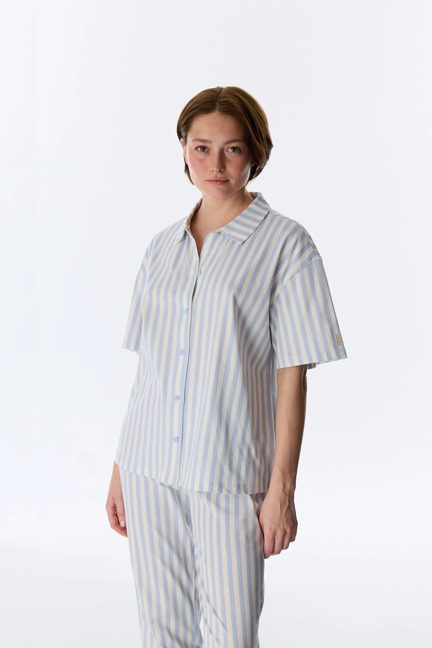 Mavi Cozy Club Pamuklu Çizgili Gömlek Pantolon Pijama Takımı