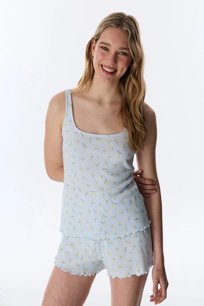 Açık Mavi Flora Pointel Pamuklu Şortlu Pijama Takımı