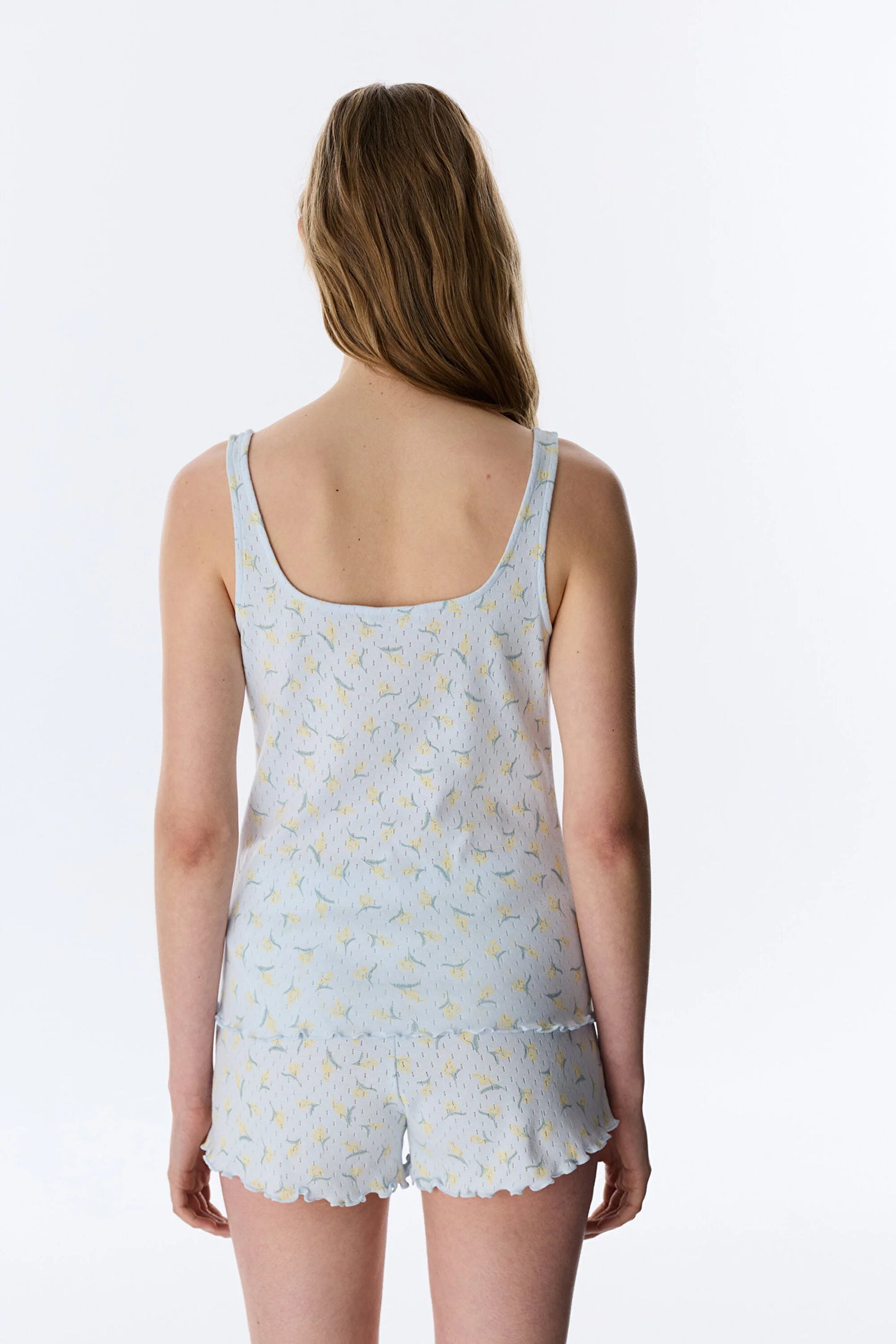 Açık Mavi Flora Pointel Pamuklu Şortlu Pijama Takımı