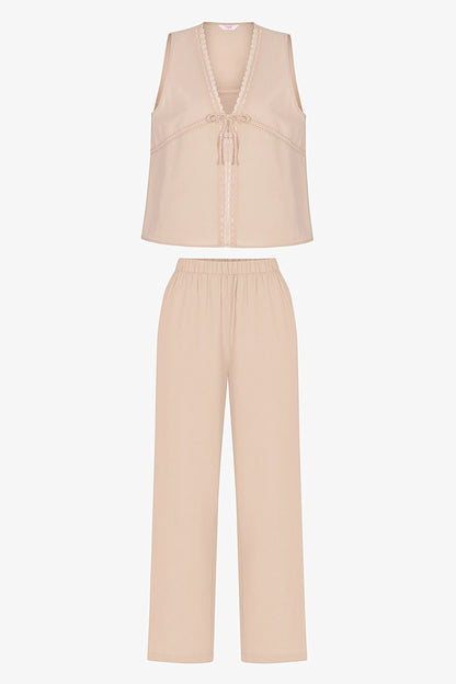 Bej Belle Pamuklu Pantolon Pijama Takımı
