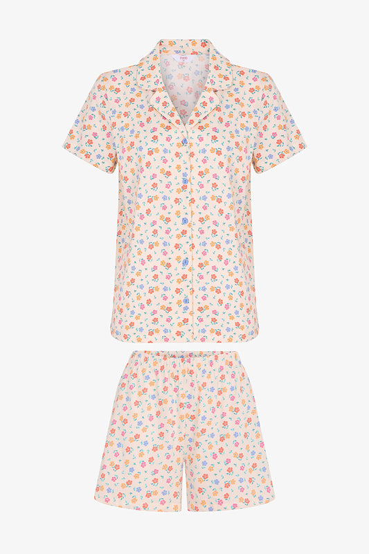 Renkli Floral Whisper Pamuklu Gömlek Şortlu Pijama Takımı
