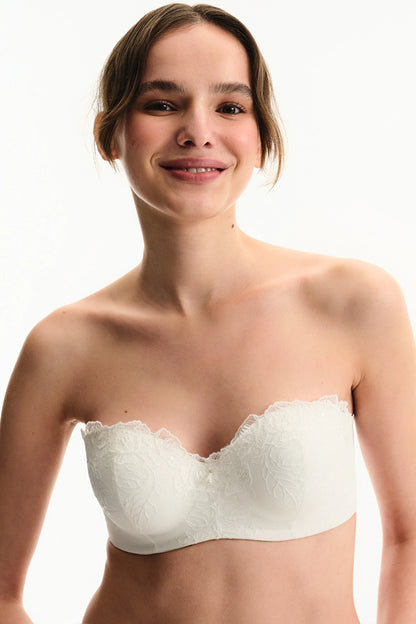 Kırık Beyaz Lotus Straplez Broidery Balenli Sütyen