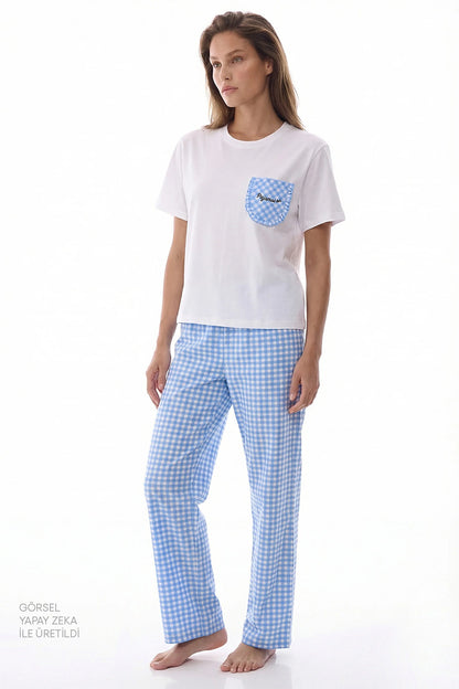 Gokyüzü Mavisi Pajama Time Pamuklu Pantolon Pijama Takımı