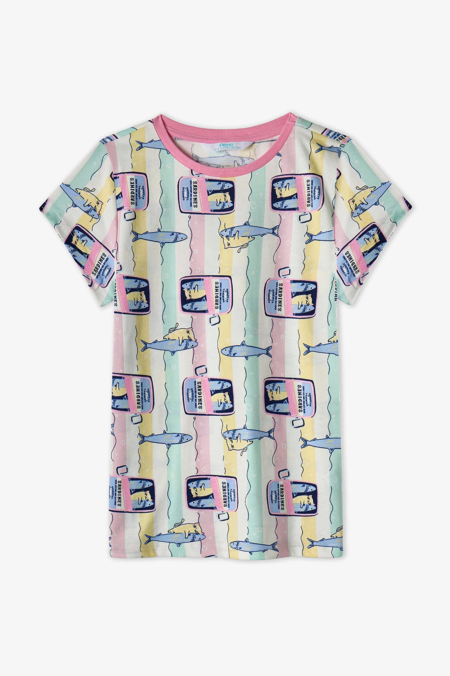 Pastel Sarı Kız Çocuk Sardines Cat Pamuklu 2'li Pijama Takımı