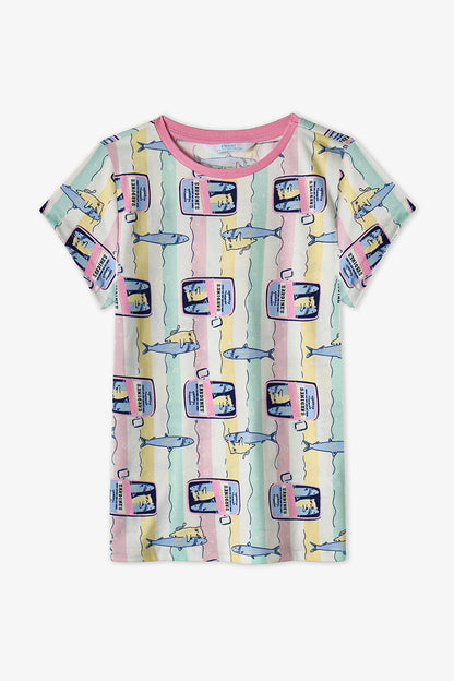 Pastel Sarı Kız Çocuk Sardines Cat Pamuklu 2'li Pijama Takımı