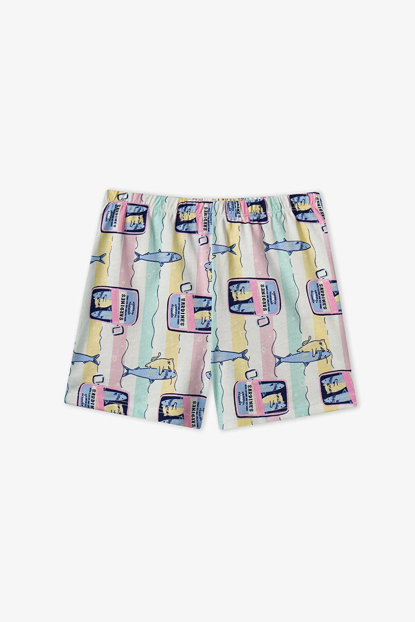 Pastel Sarı Kız Çocuk Sardines Cat Pamuklu 2'li Pijama Takımı