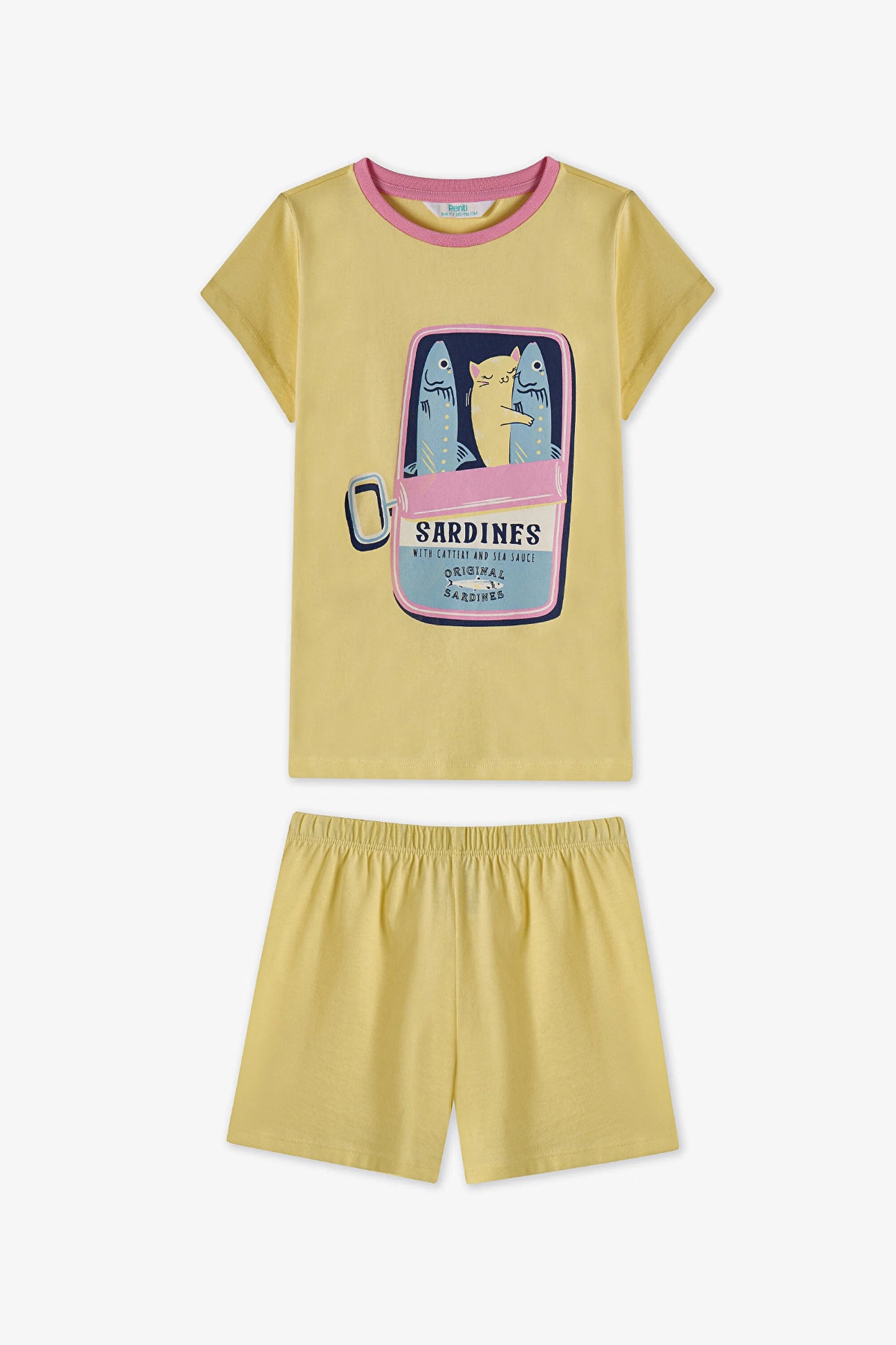 Pastel Sarı Kız Çocuk Sardines Cat Pamuklu 2'li Pijama Takımı