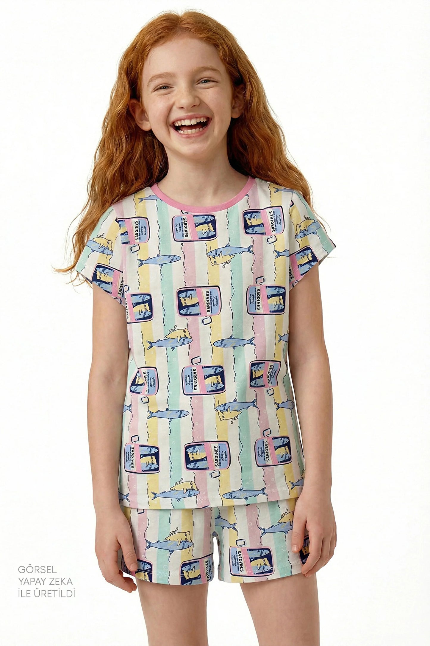 Pastel Sarı Kız Çocuk Sardines Cat Pamuklu 2'li Pijama Takımı