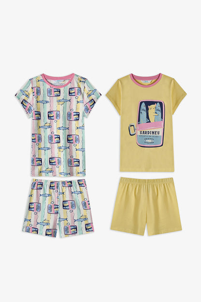Pastel Sarı Kız Çocuk Sardines Cat Pamuklu 2'li Pijama Takımı