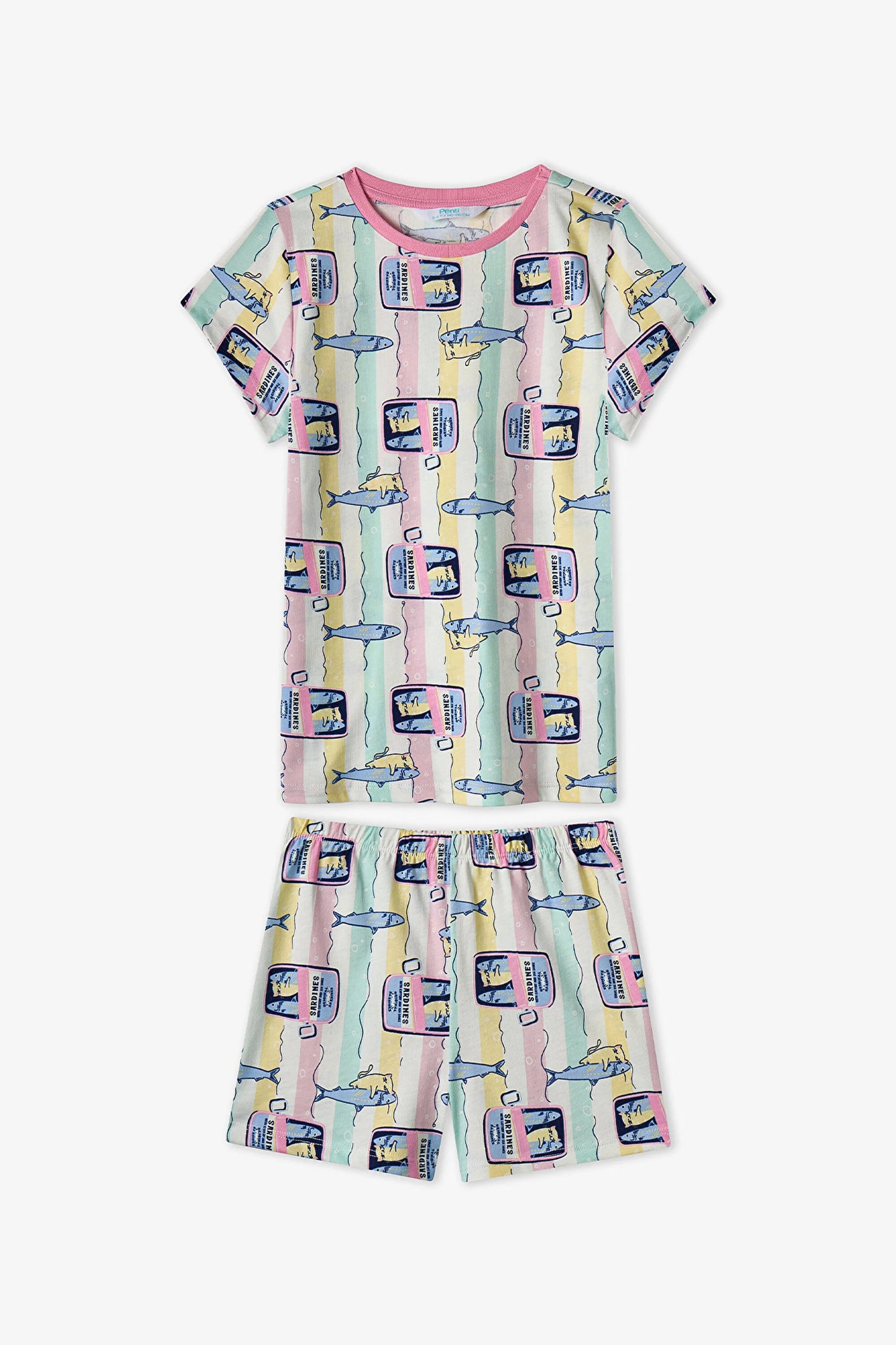 Pastel Sarı Kız Çocuk Sardines Cat Pamuklu 2'li Pijama Takımı