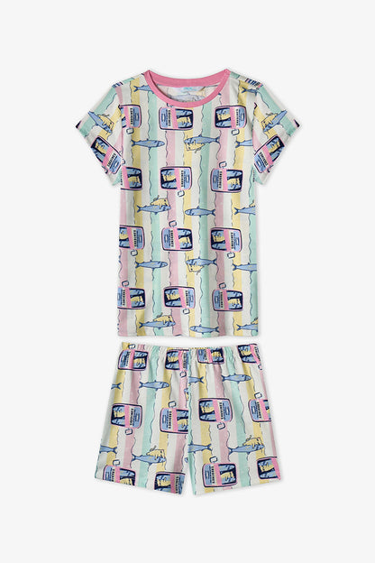 Pastel Sarı Kız Çocuk Sardines Cat Pamuklu 2'li Pijama Takımı