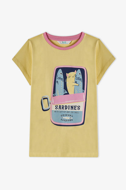 Pastel Sarı Kız Çocuk Sardines Cat Pamuklu 2'li Pijama Takımı