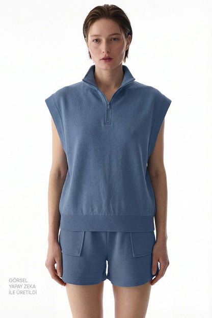 Koyu Mavi Nura Half Zip Sweatshirt