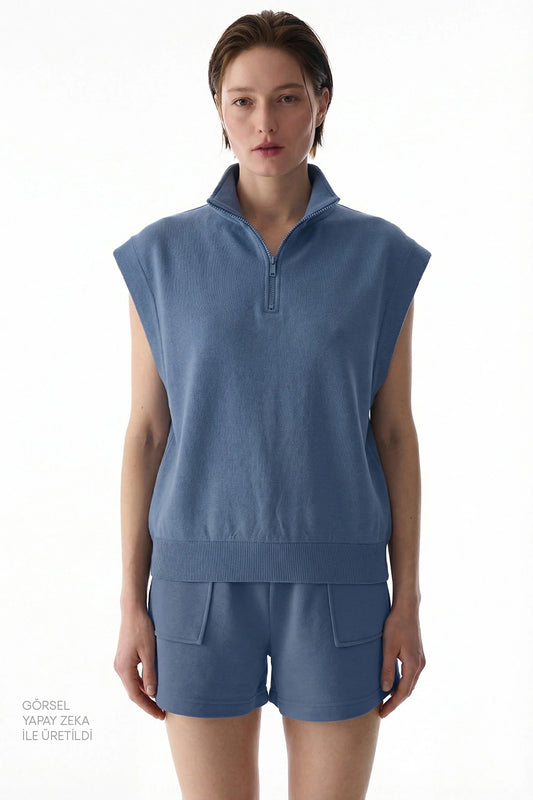 Koyu Mavi Nura Half Zip Sweatshirt