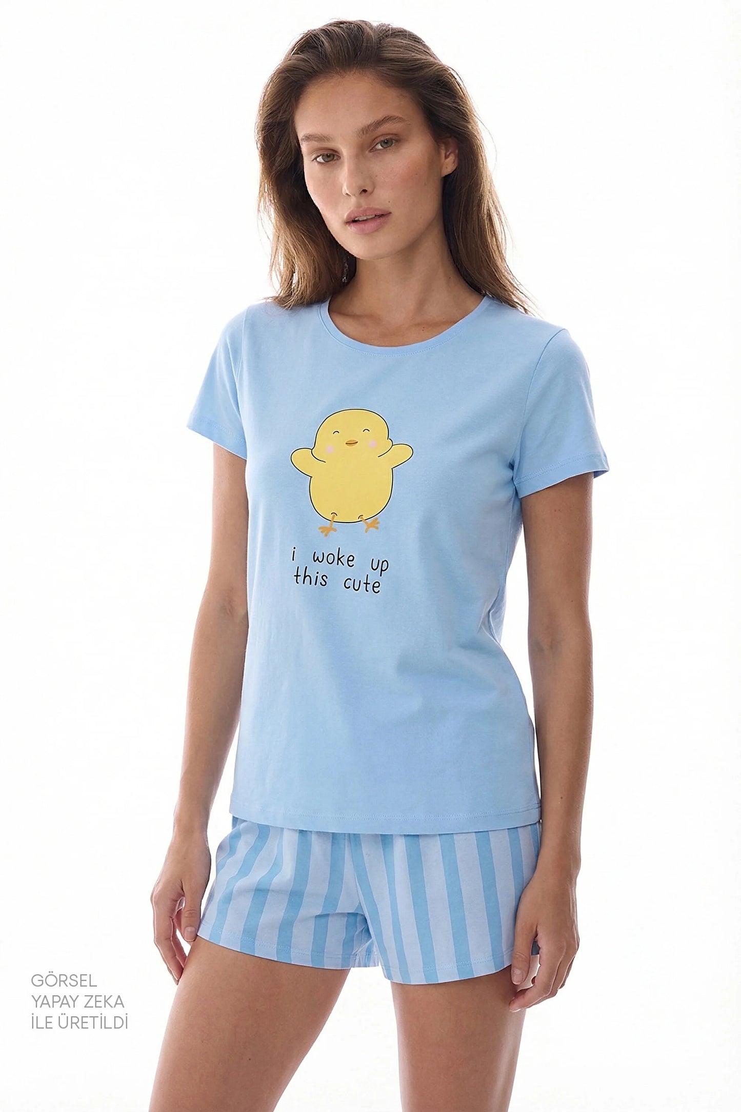 Açık Mavi Happy Day Pamuklu Şortlu Pijama Takımı