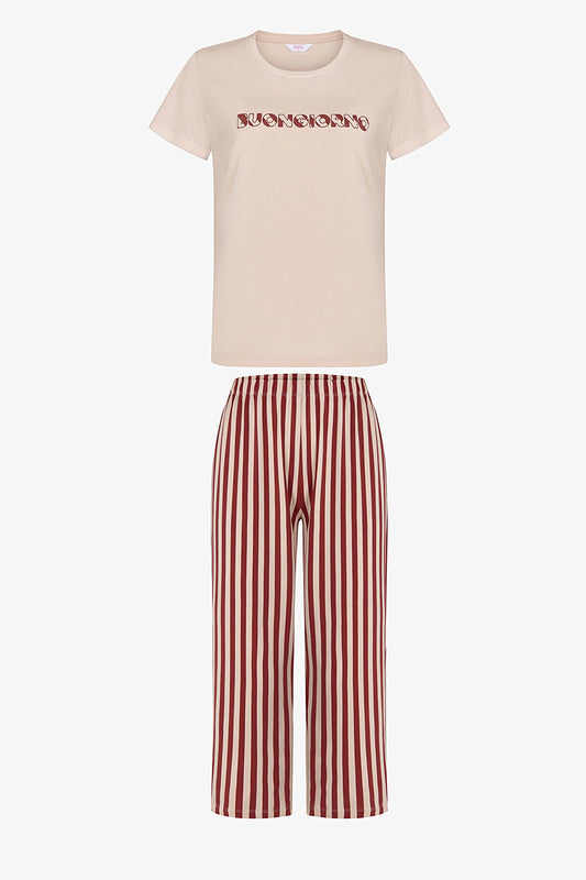 Pastel Bej Ent Buongiorno Pamuklu Kapri Pijama Takımı