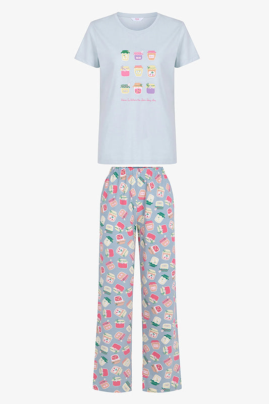 Açık Mavi Sweet Breakfast Pamuklu Pantolon Pijama Takımı