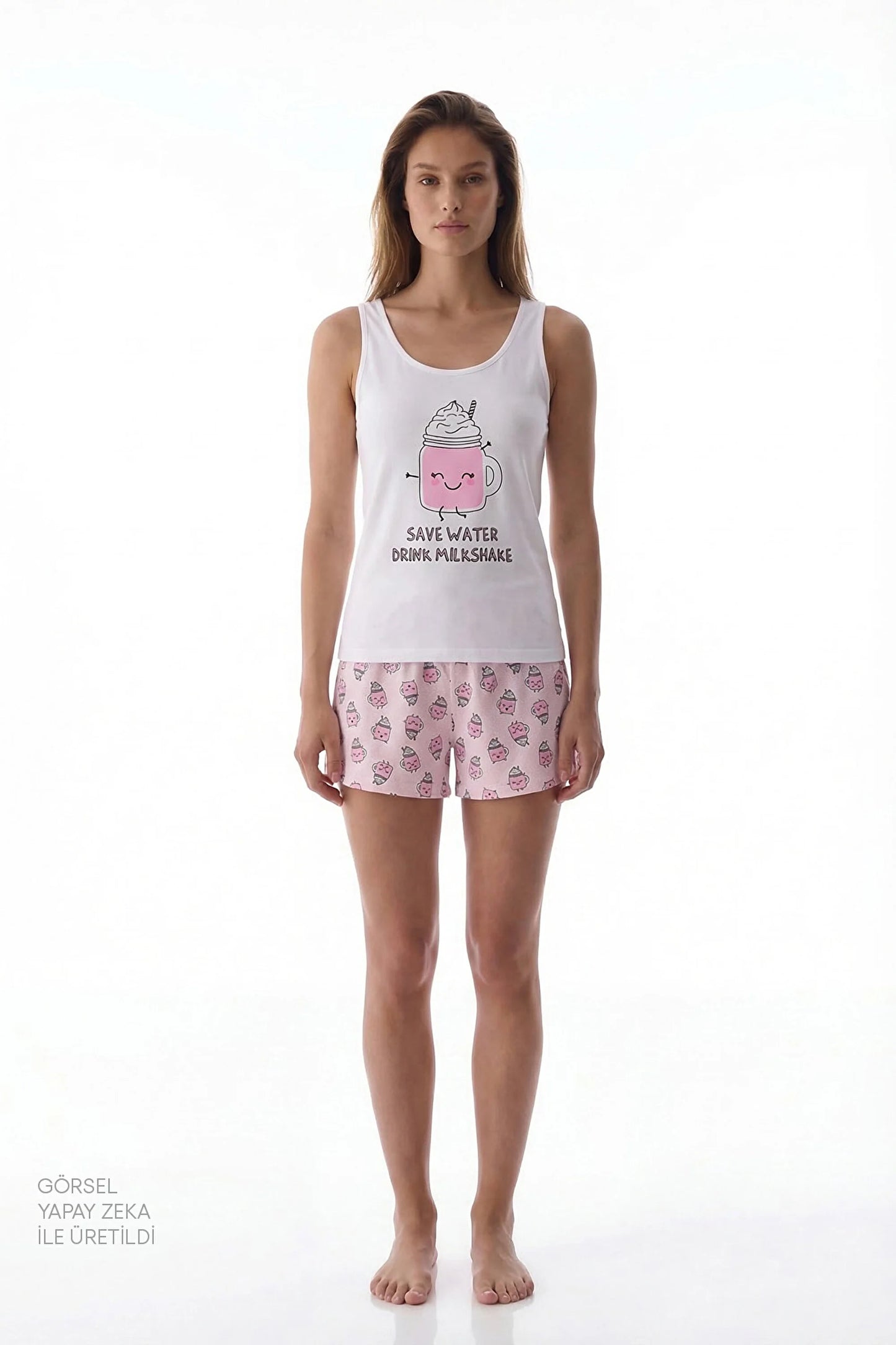 Açık Pembe Milkshake Pamuklu Şortlu Pijama Takımı