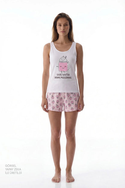Açık Pembe Milkshake Pamuklu Şortlu Pijama Takımı