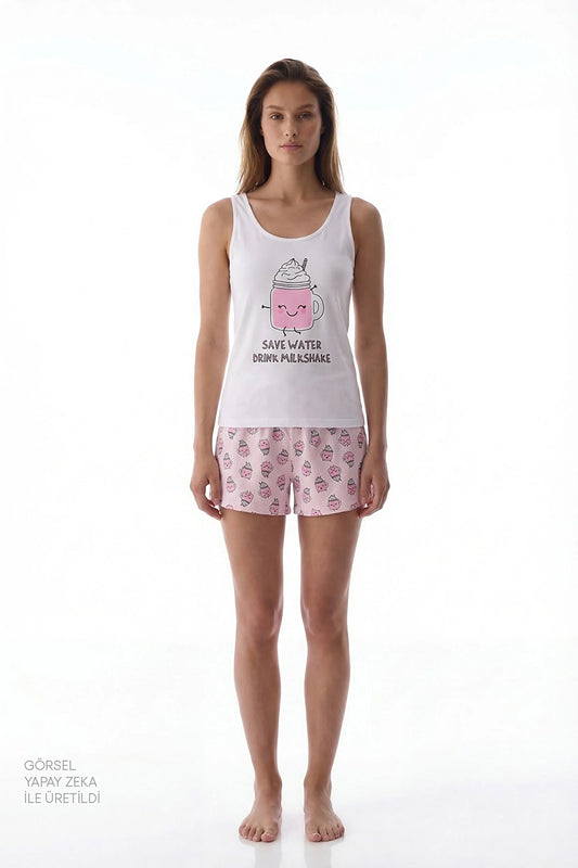 Açık Pembe Milkshake Pamuklu Şortlu Pijama Takımı