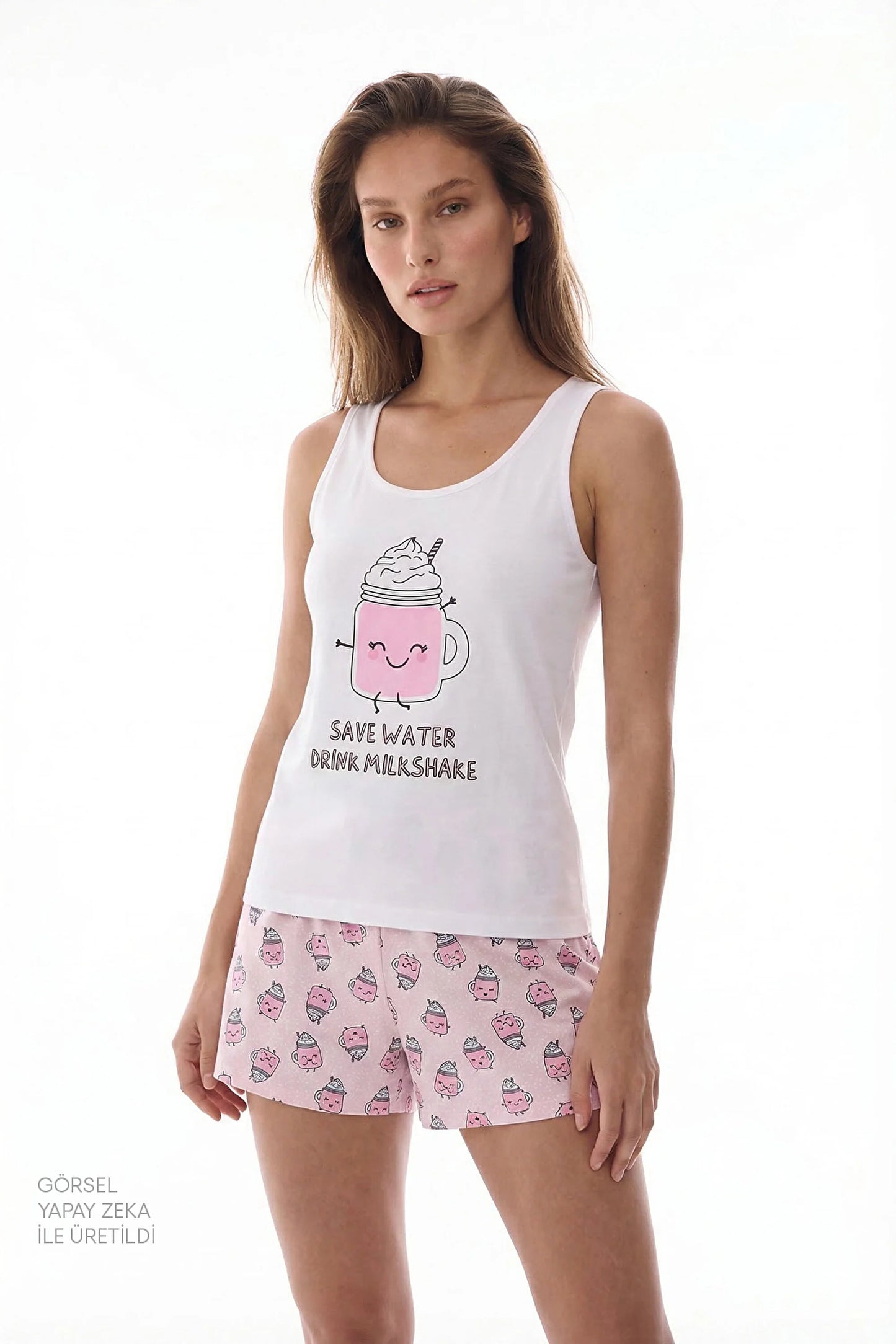 Açık Pembe Milkshake Pamuklu Şortlu Pijama Takımı