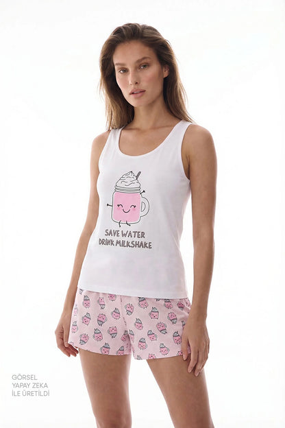 Açık Pembe Milkshake Pamuklu Şortlu Pijama Takımı