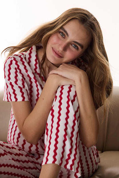 Kırmızı Aria Düğmeli Gömlek Pantolon Pijama Takımı