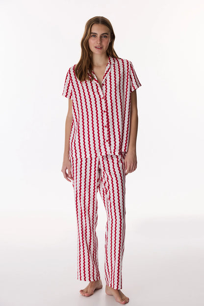 Kırmızı Aria Düğmeli Gömlek Pantolon Pijama Takımı