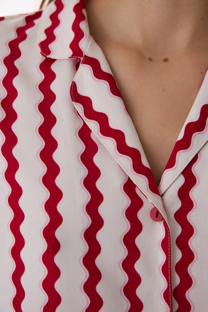 Kırmızı Aria Düğmeli Gömlek Pantolon Pijama Takımı