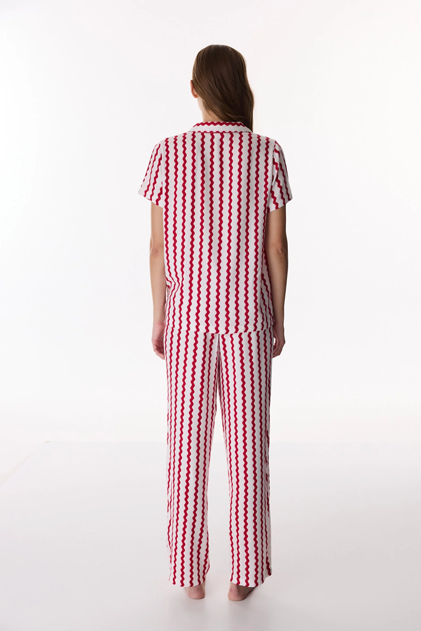 Kırmızı Aria Düğmeli Gömlek Pantolon Pijama Takımı