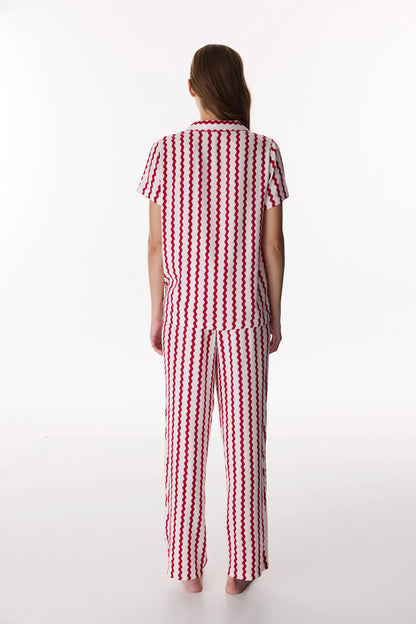 Kırmızı Aria Düğmeli Gömlek Pantolon Pijama Takımı