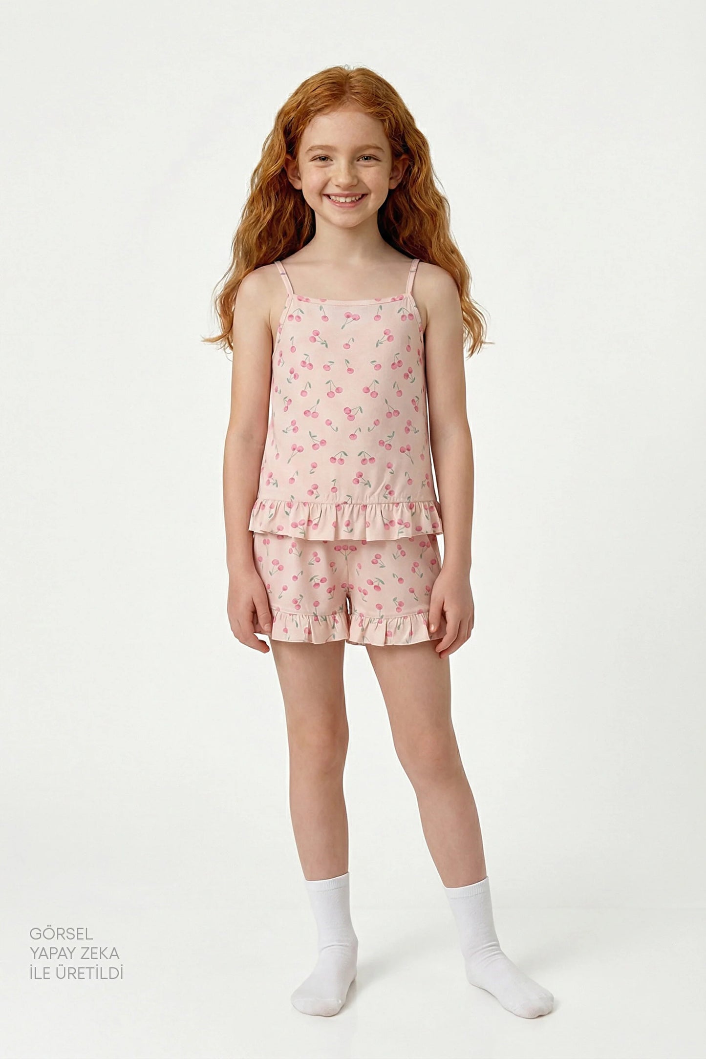 Bej Kız Çocuk Pinky Cherry Pamuklu Pijama Takımı