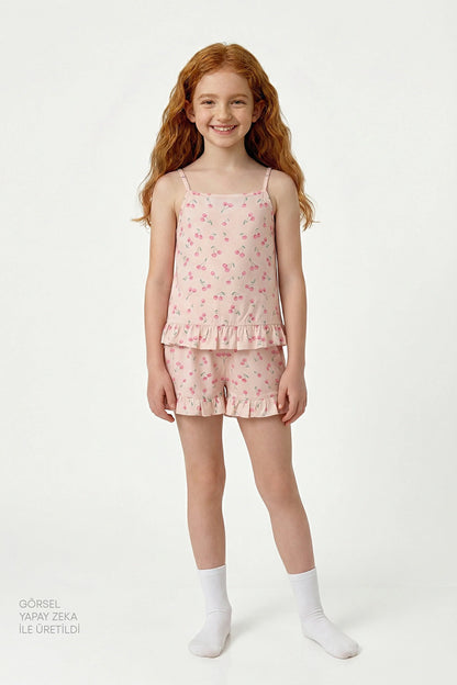Bej Kız Çocuk Pinky Cherry Pamuklu Pijama Takımı