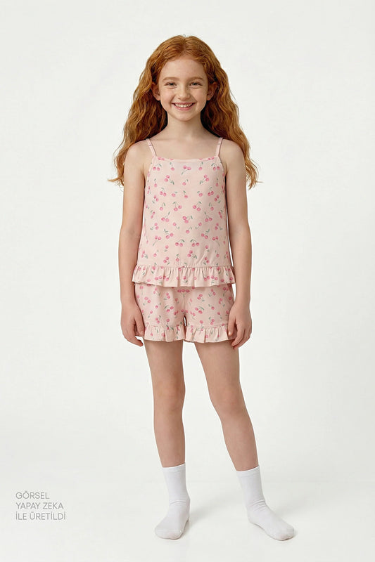 Bej Kız Çocuk Pinky Cherry Pamuklu Pijama Takımı