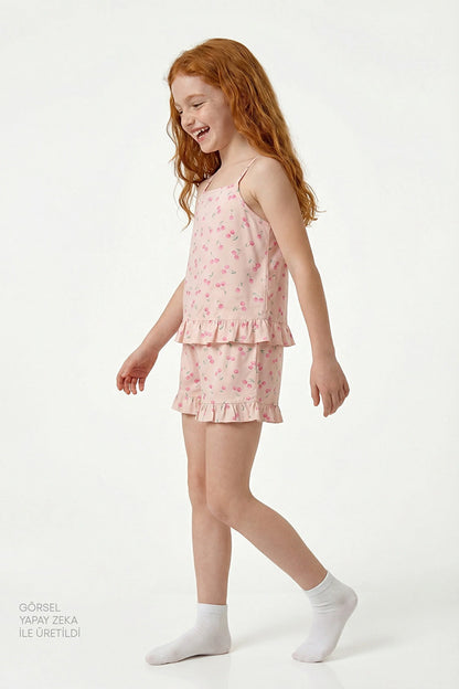 Bej Kız Çocuk Pinky Cherry Pamuklu Pijama Takımı