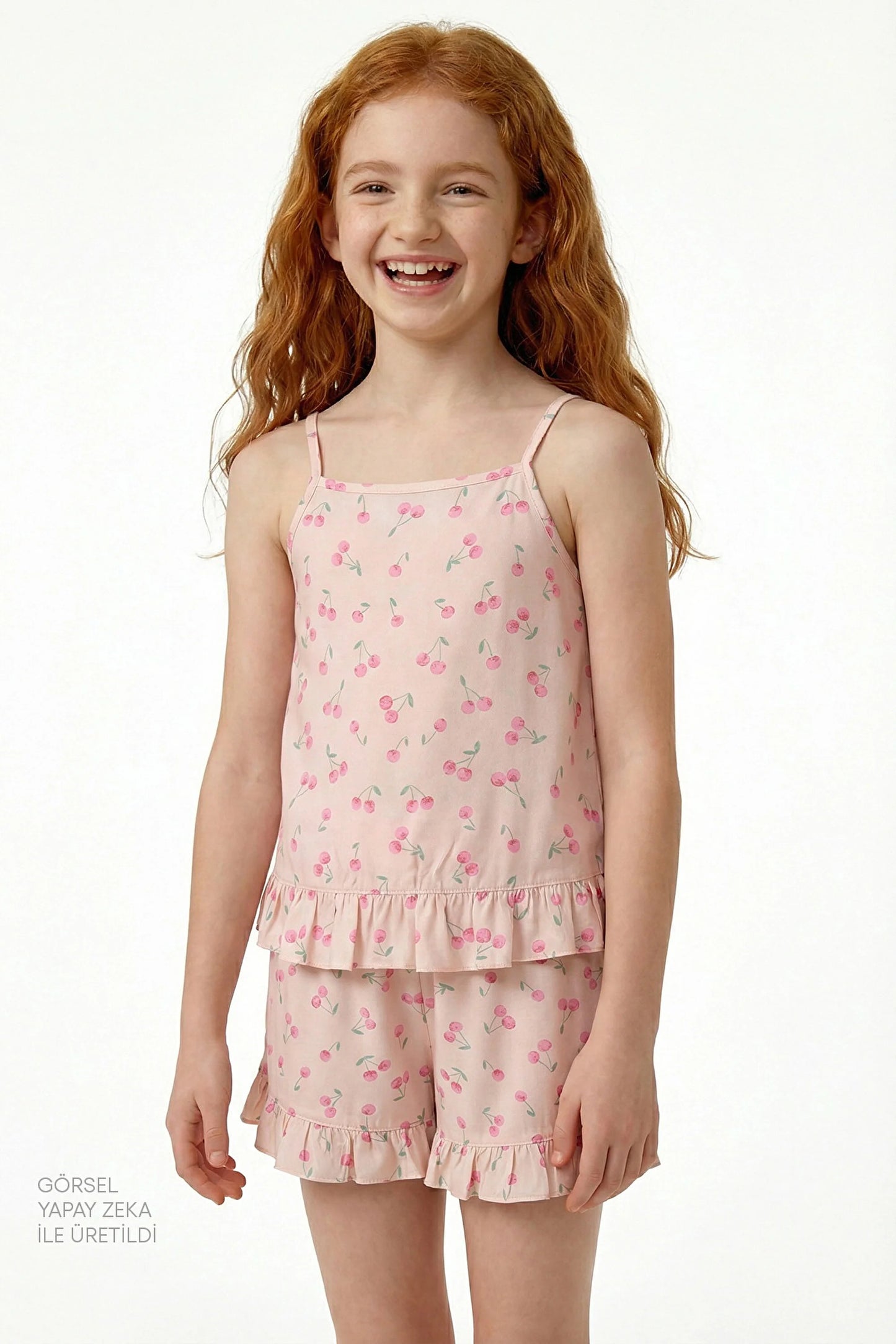 Bej Kız Çocuk Pinky Cherry Pamuklu Pijama Takımı