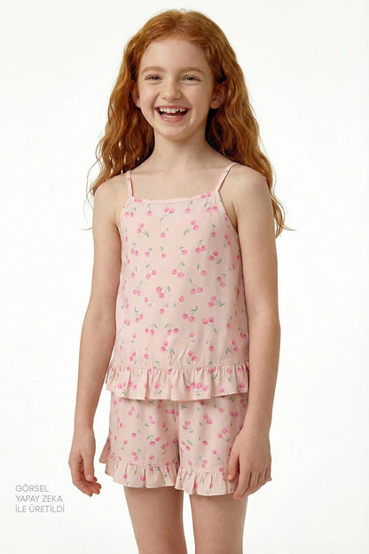 Bej Kız Çocuk Pinky Cherry Pamuklu Pijama Takımı