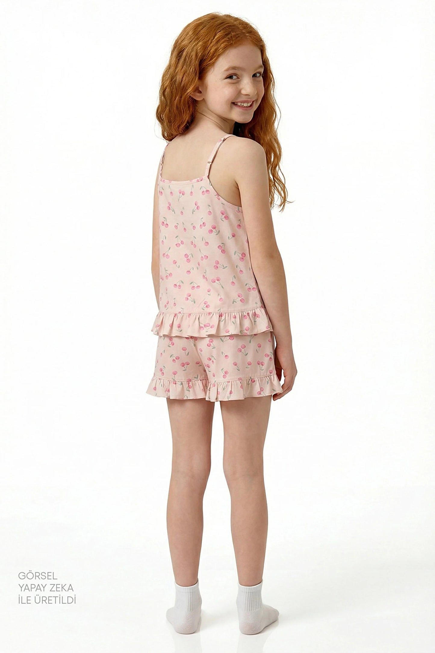 Bej Kız Çocuk Pinky Cherry Pamuklu Pijama Takımı