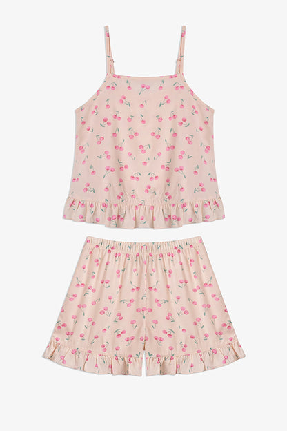 Bej Kız Çocuk Pinky Cherry Pamuklu Pijama Takımı