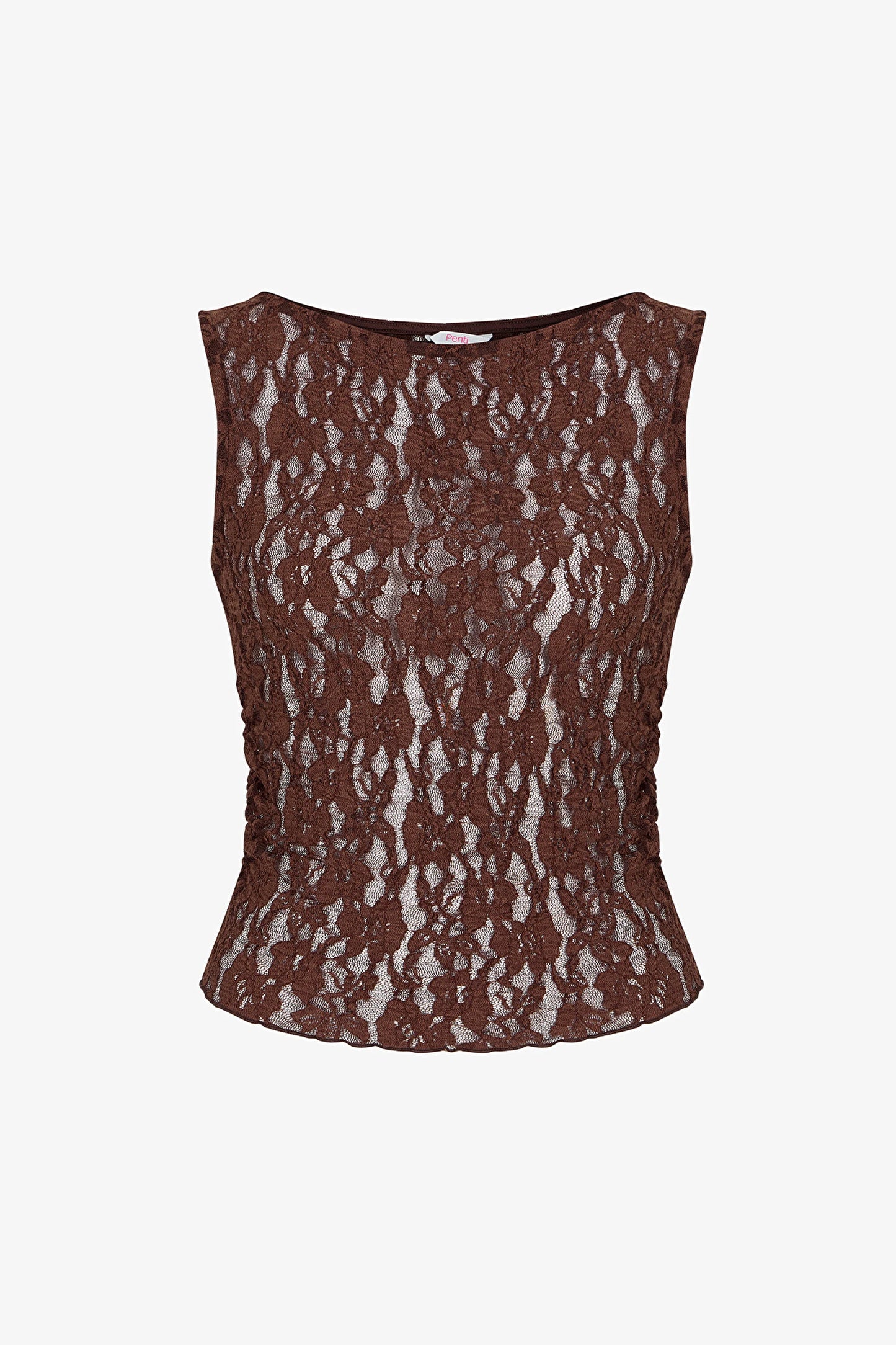 Kahverengi Drape Detaylı Dantelli Üst