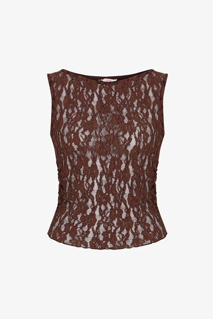 Kahverengi Drape Detaylı Dantelli Üst