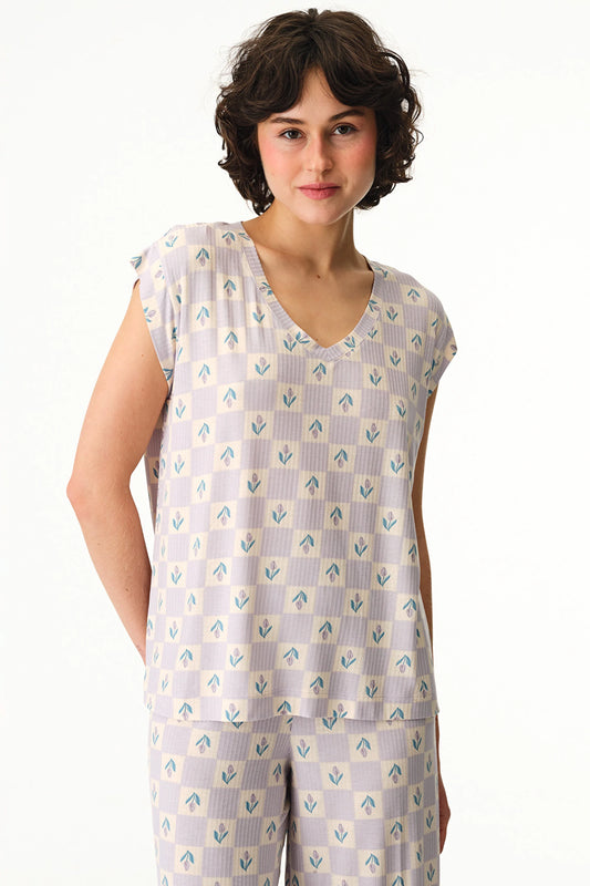 Lila Ella Desenli Tişört Pijama Üstü